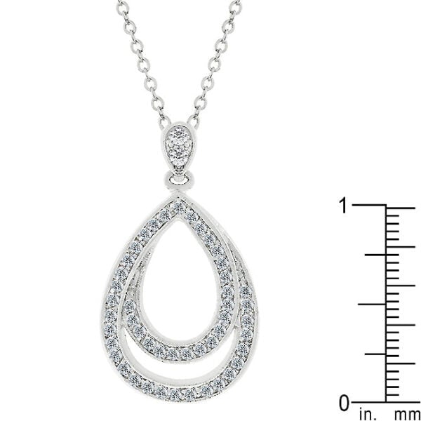 Rhodium plated over lead free alloy (brass) teardrop pendant with channel-set round cubic zirconia and a lobster clasp.