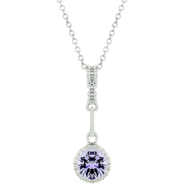 The pendant with round lavender genuine cubic zirconia in a bezel setting and rhodium plated over lead free alloy (brass).