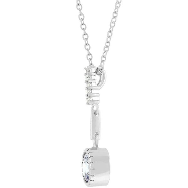 Round lavender genuine cubic zirconia pendant in a bezel setting, rhodium plated over lead free alloy (brass), with a link chain.