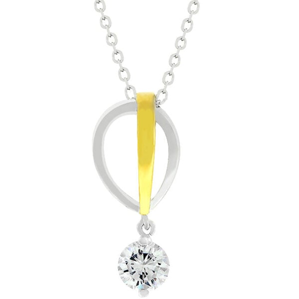 Two-tone raindrop pendant with clear, round genuine cubic zirconia in prongs and a 16 Inch + 2 Inch Extender link chain.