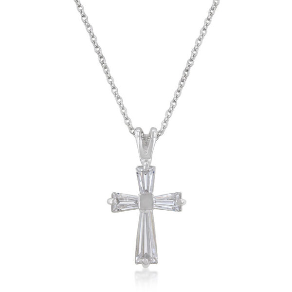 Cross pendant with cubic zirconia in prong settings, rhodium plated over lead free alloy (brass), and 2.12 ct total stone weight.