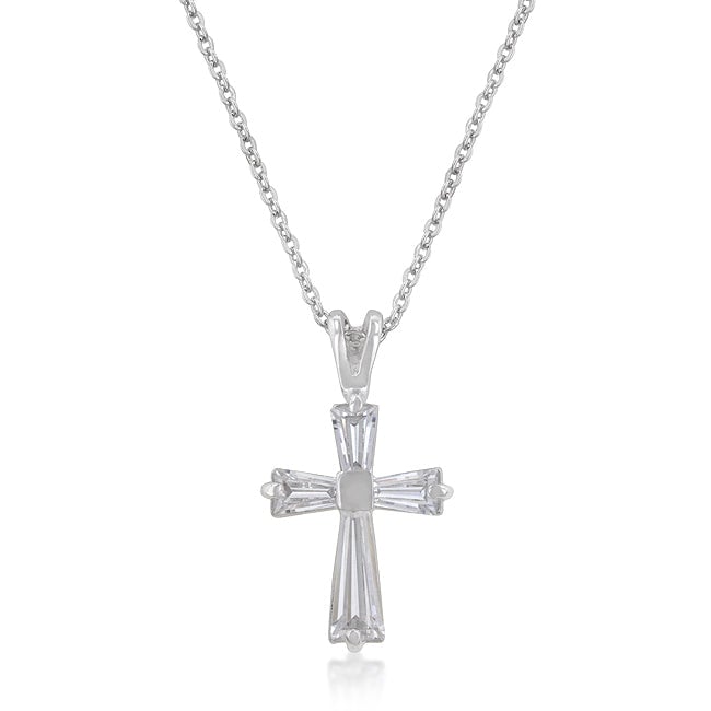Cross pendant with cubic zirconia in prong settings, rhodium plated over lead free alloy (brass), and 2.12 ct total stone weight.
