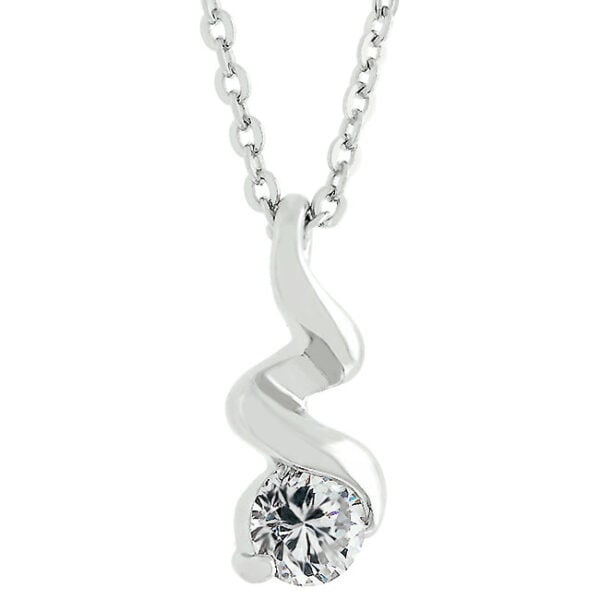 Twist pendant in rhodium plated over lead free alloy (brass) with round genuine cubic zirconia in prongs.