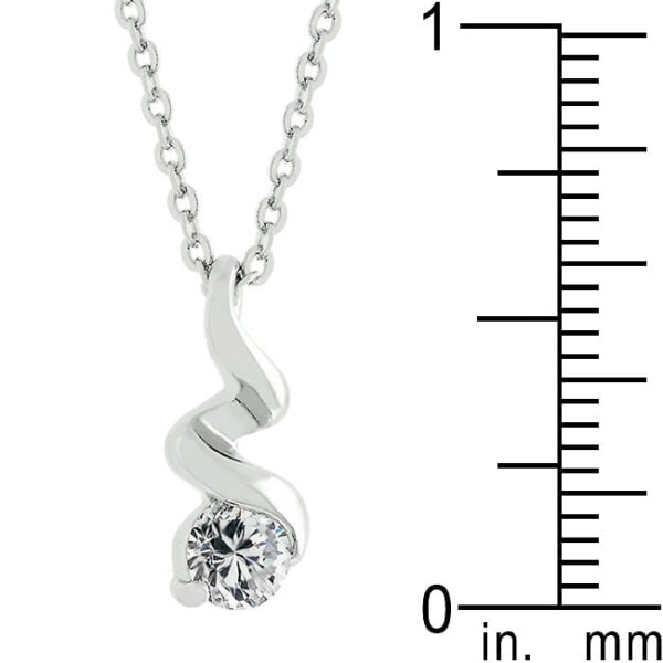 Rhodium plated over lead free alloy (brass) twist pendant with round genuine cubic zirconia and a lobster clasp.