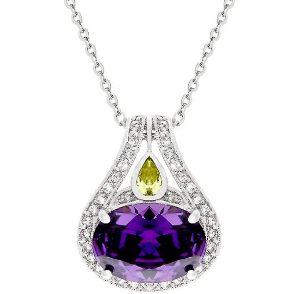 Amethyst-colored cubic zirconia pendant in oval and round cuts with bezel and prong settings, rhodium plated over lead free alloy (brass).