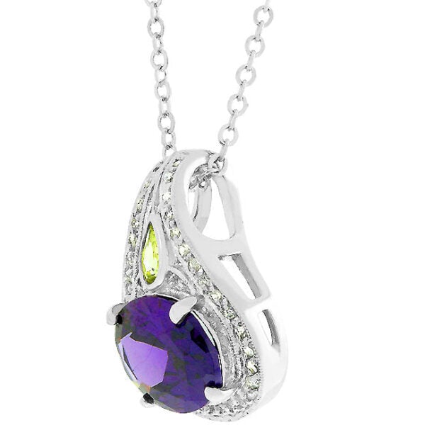 Oval and round amethyst-colored cubic zirconia pendant with 9.4 ct total stone weight, rhodium plated over lead free alloy (brass).
