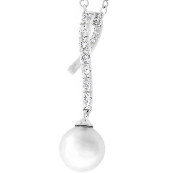White round Crushed Shell Pearl pendant with prong setting and rhodium plated over lead free alloy (brass).
