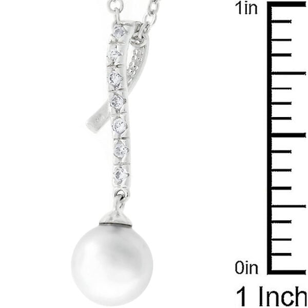 Rhodium plated over lead free alloy (brass) pendant with white round Crushed Shell Pearl and a lobster clasp.