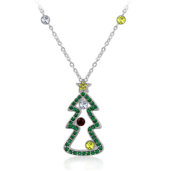 Christmas pendant with round cubic zirconia in bezel settings, rhodium plated over lead free alloy (brass).