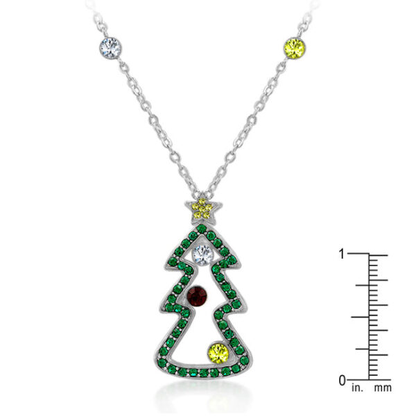 Round cubic zirconia Christmas pendant with a 17 Inch + 2 Inch Extender link chain and rhodium plated over lead free alloy (brass).