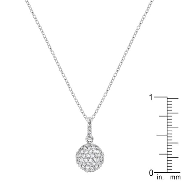 Clear cubic zirconia sphere pendant in pave setting on a snake chain, rhodium plated over lead free alloy (brass).