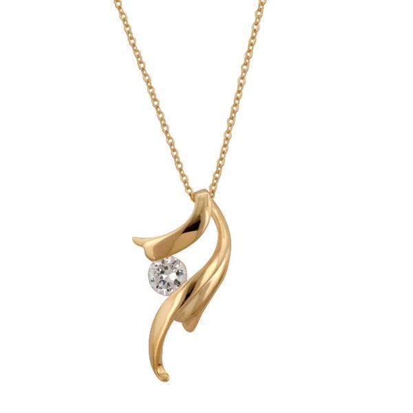 Winged pendant in gold tone finish over lead free alloy (brass) with a clear round cubic zirconia in a tension setting.