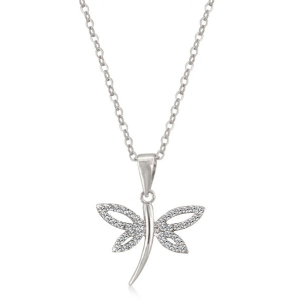 Dragonfly pendant with round cubic zirconia in a pave setting and 2.8 ct total stone weight.