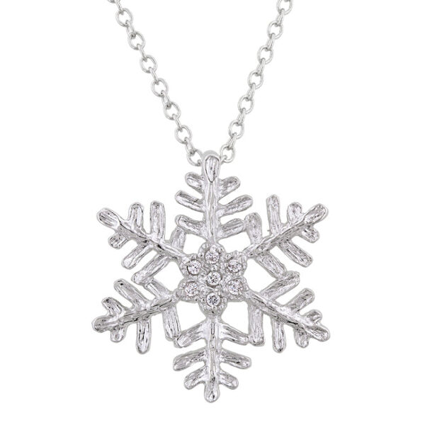 The pendant, rhodium plated over lead free alloy (brass), with round cubic zirconia in prong settings.