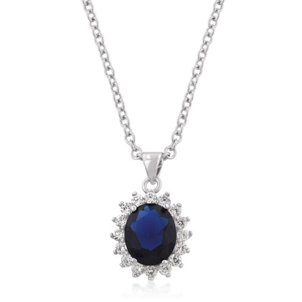 Wedding pendant with blue cubic zirconia, sapphire, and crystal in oval and round prong settings, rhodium plated over lead free alloy (brass).