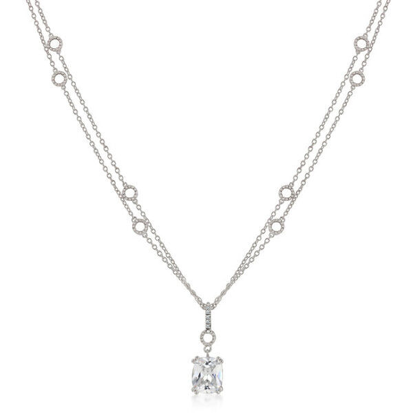 Double-chain pendant with All Clear cubic zirconia in and round cuts, 5 ct total stone weight, rhodium plated over lead free alloy (brass).