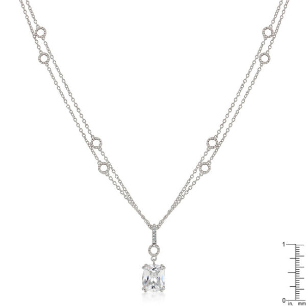 All Clear cubic zirconia pendant on a double chain, with 5 ct total stone weight and rhodium plated over lead free alloy (brass).