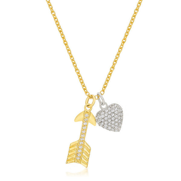 Heart and arrow pendant with clear round cubic zirconia in a pave setting, gold tone over lead free alloy (brass).