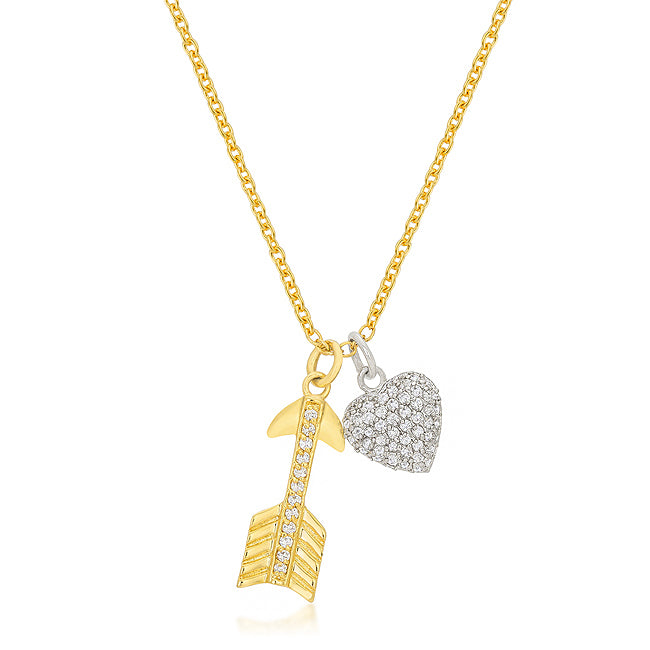 Heart and arrow pendant with clear round cubic zirconia in a pave setting, gold tone over lead free alloy (brass).
