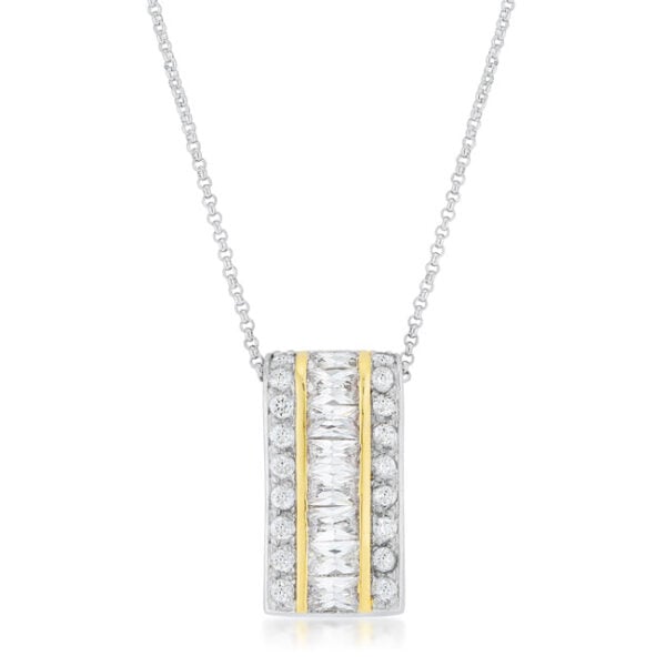 The pendant with channel-set baguette cubic zirconia, 4 ct total stone weight, and Silver tone finish over Lead Free Alloy (brass).
