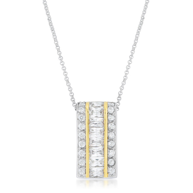 The pendant with channel-set baguette cubic zirconia, 4 ct total stone weight, and Silver tone finish over Lead Free Alloy (brass).
