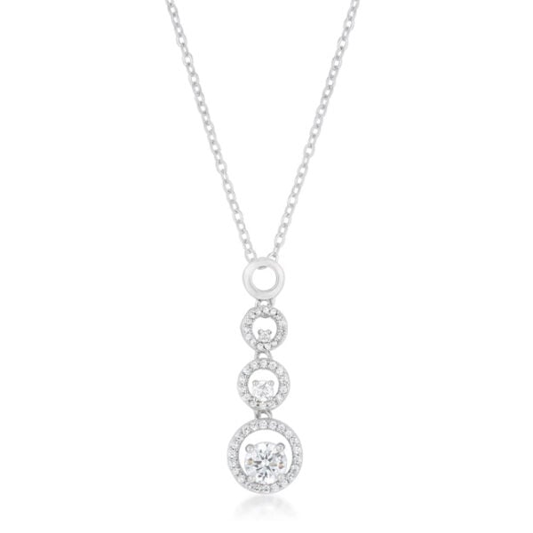 Graduated halo pendant with round cubic zirconia in a pave setting, rhodium plated over lead free alloy (brass).