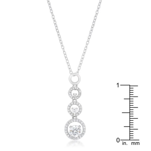 Round cubic zirconia graduated halo pendant, rhodium plated over lead free alloy (brass), with a lobster clasp.