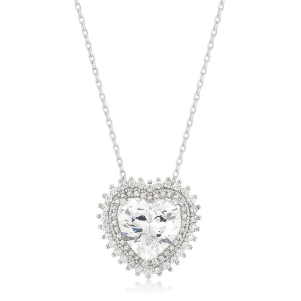 Heart-shaped pendant with pave-set cubic zirconia stones on a chain, laid flat