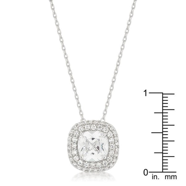 Clear round cubic zirconia pendant with a lobster clasp and rhodium plated over lead free alloy (brass).
