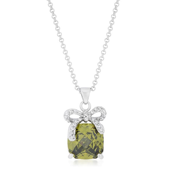 Olivine bow pendant with green cushion-cut cubic zirconia, 13.16 ct total stone weight, in a pave setting.