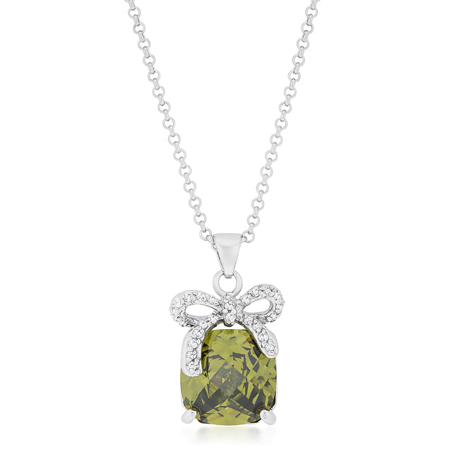Olivine bow pendant with green cushion-cut cubic zirconia, 13.16 ct total stone weight, in a pave setting.