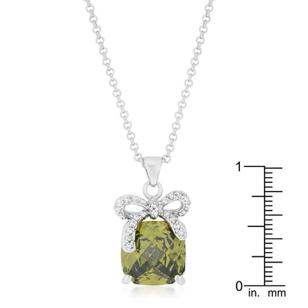 Bow pendant with 1.3mm green cushion-cut cubic zirconia in pave setting and a lobster clasp.