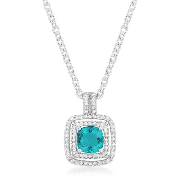Aqua halo pendant with genuine aqua princess-cut cubic zirconia in a pave setting, rhodium plated over lead free alloy (brass).