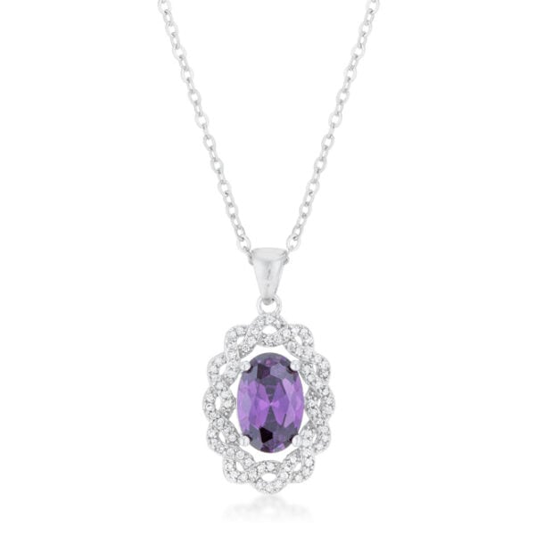 Amethyst-colored cubic zirconia oval drop necklace in rhodium plated over lead free alloy (brass), with oval and round prong-set stones.
