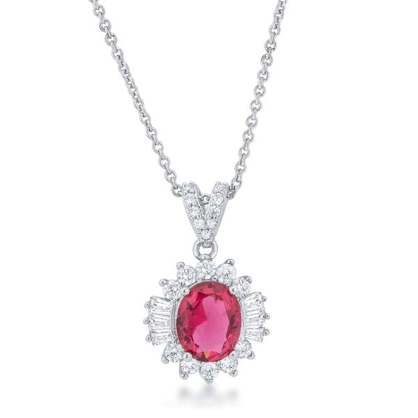Classic drop necklace with round ruby-colored cubic zirconia, rhodium plated over lead free alloy (brass).