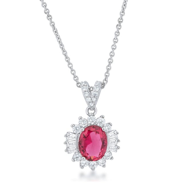 Classic drop necklace with round ruby-colored cubic zirconia, rhodium plated over lead free alloy (brass).