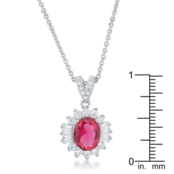 Round, prong-set ruby-colored cubic zirconia drop necklace, rhodium plated over lead free alloy (brass).