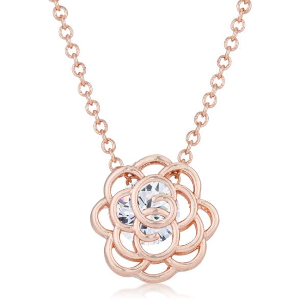 Rose drop pendant with cubic zirconia, 1.28 ct total stone weight, and rosegold plated over lead free alloy (brass).