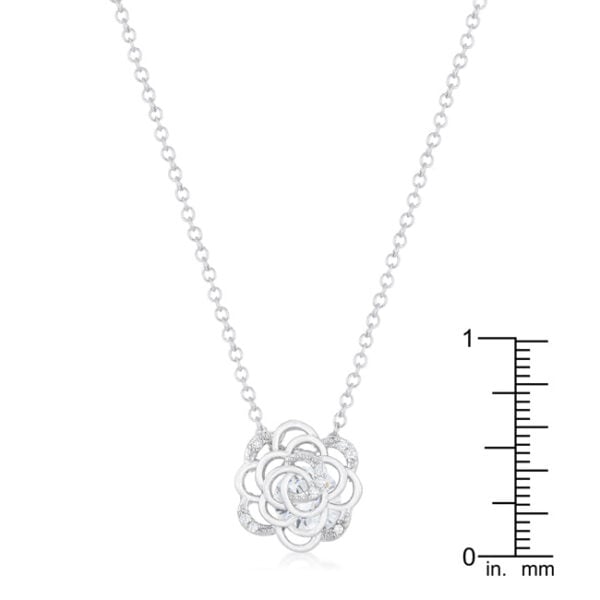 Rhodium plated over lead free alloy (brass) rose drop necklace with cubic zirconia.