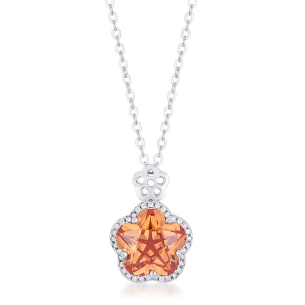 Floral-cut champagne cubic zirconia pendant with a rhodium plated finish.