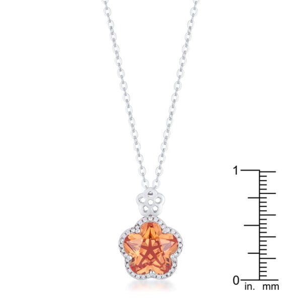 Floral-cut champagne cubic zirconia pendant, rhodium plated.
