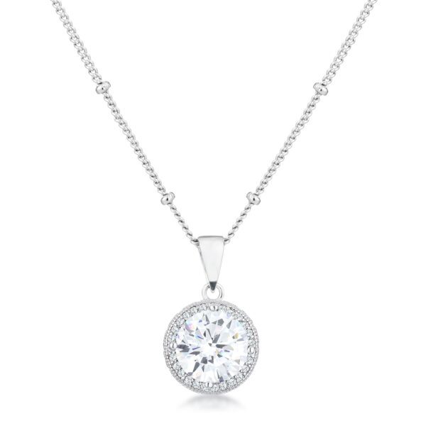 Clear round cubic zirconia halo satellite pendant in silver tone over brass, with 3 ct total carat weight.
