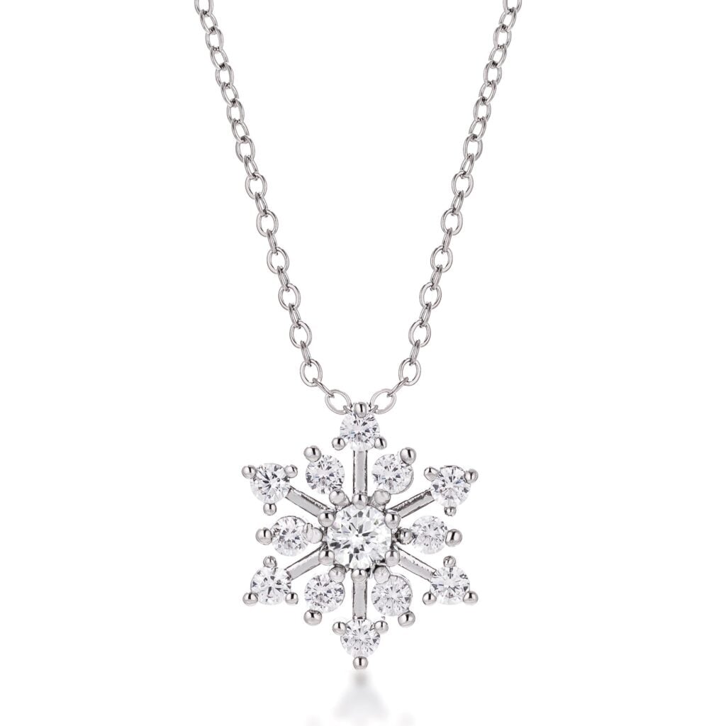 Contemporary snowflake necklace with clear cubic zirconia and a silver tone over brass finish