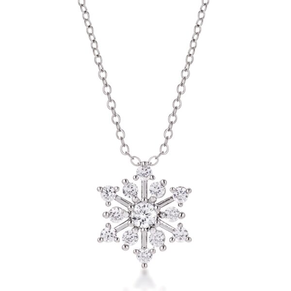 Contemporary snowflake necklace with clear cubic zirconia and a silver tone over brass finish
