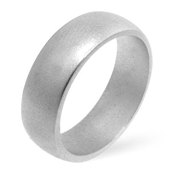 Matte wedding band with silver tone matte finish over lead free alloy (brass).