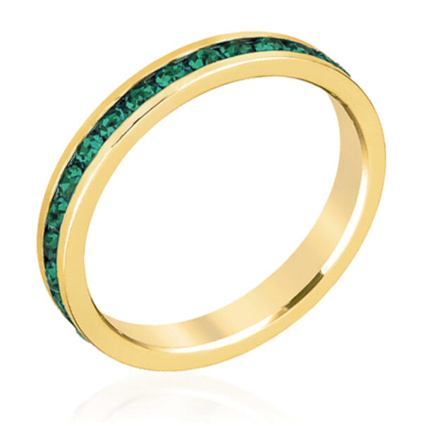 Clear round Swarovski Crystals in a channel setting on a 3 (mm) eternity ring with gold tone finish over lead free alloy (brass).