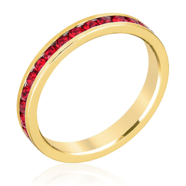 Red round Swarovski Crystals in a channel-set eternity ring with 0.35 ct total stone weight.