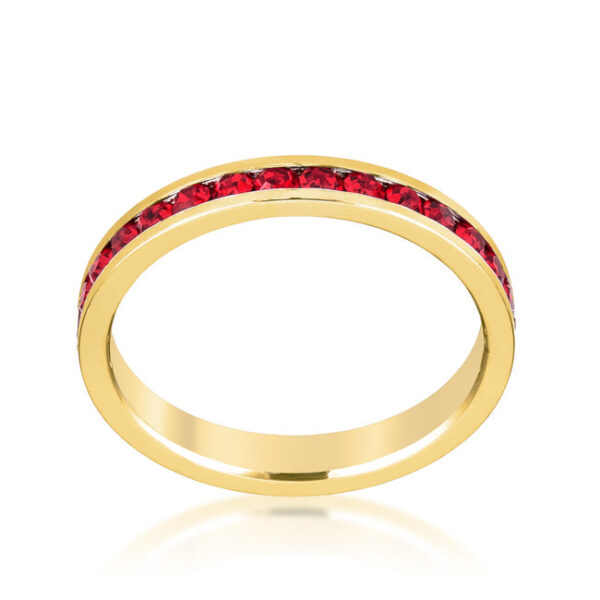 Eternity ring with red round Swarovski Crystals measuring 1.5 (mm) in a channel setting.