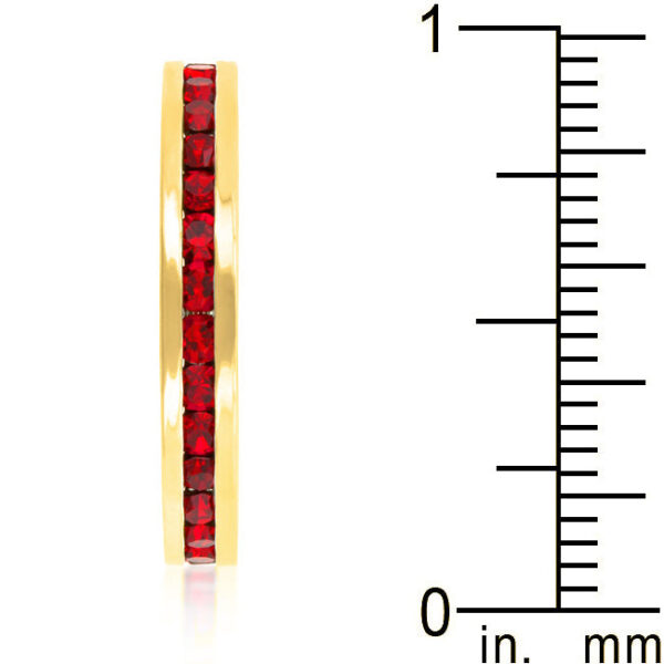 Gold tone finish over lead free alloy (brass) eternity ring with red round Swarovski Crystals.