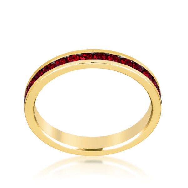 3 (mm) eternity ring with red round garnet Swarovski Crystals and a gold tone finish over lead free alloy (brass).